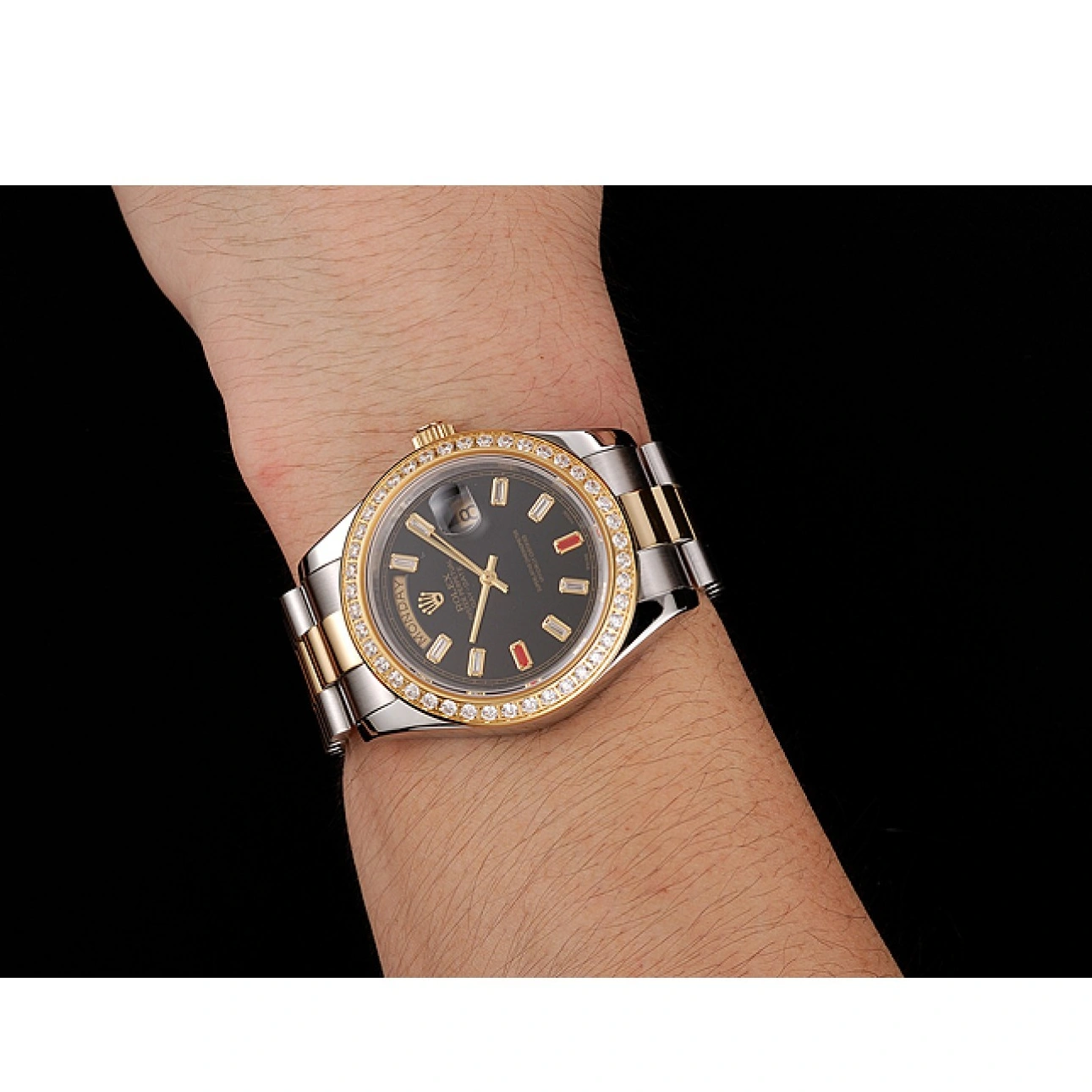 Rolex aaa copy Tone Bracelet Rolex Day-Date Two Black And 1454105 Swiss Dial Rubies Diamonds 1026